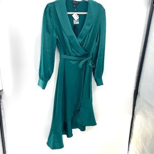 Rachael Zoe Emerald Satin Long Sleeve Faux Wrap Ruffle Asymmetric Dress NWT M